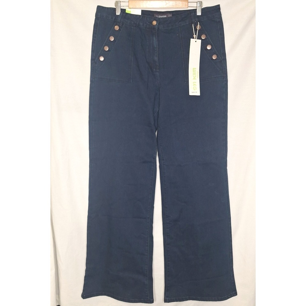 NEW Long Tall Sally 14 Multi Button Wide Leg Jeans 36" Long Dark Ink Its Denim